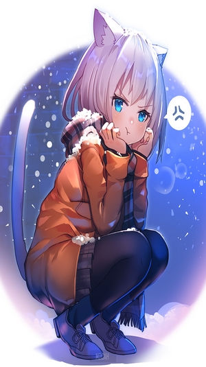 Anime girl with cat ears squatting in snow