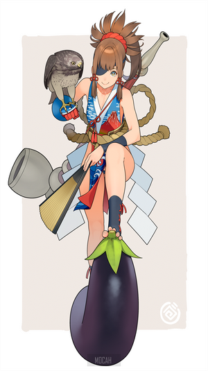 Anime girl with eyepatch and hawk on eggplant