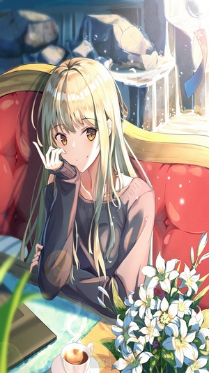 Anime girl with blonde hair sitting by a table