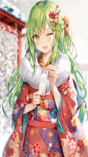 Anime girl in kimono holding omikuji