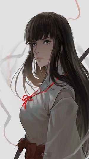 Kikyo from Inuyasha with a bow and red ribbon