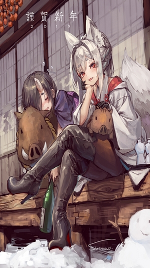 Anime girls with animal ears and boar plushies