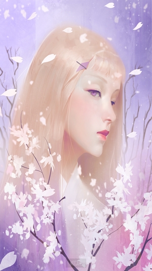 Anime girl with blonde hair and purple eyes surrounded by cherry blossoms