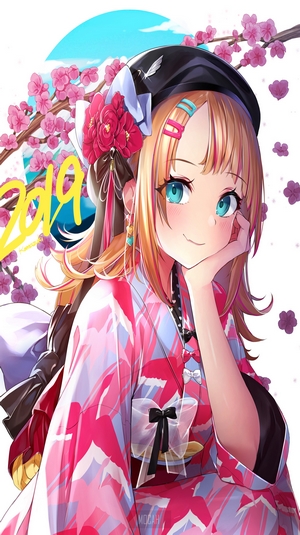 Anime girl in kimono with cherry blossoms