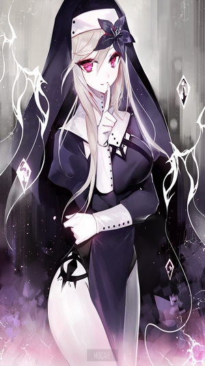 Anime Girl Nun with Red Eyes and Flower Hairpin