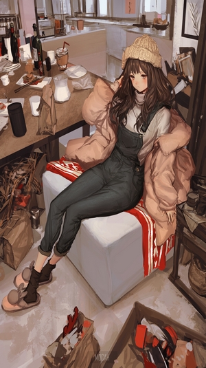 Anime girl with long hair wearing overalls and a knit hat