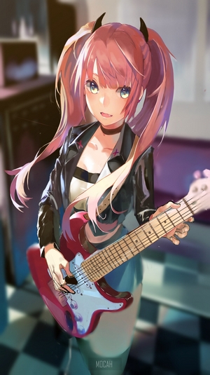 Anime girl with pink pigtails playing a red electric guitar