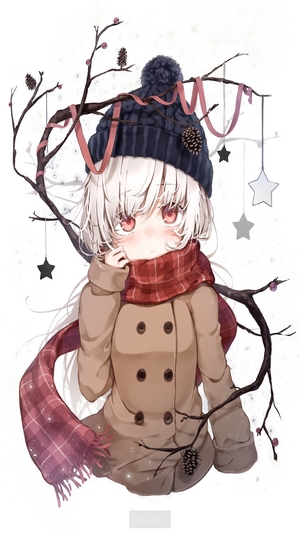 Anime girl with white hair and red eyes wearing a hat and scarf
