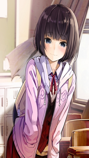 Anime girl with short dark hair in a school uniform