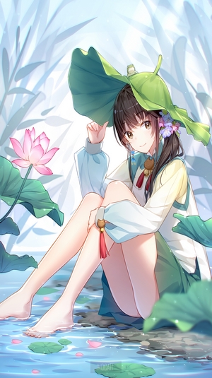 Anime girl with dark hair sitting by lotus pond