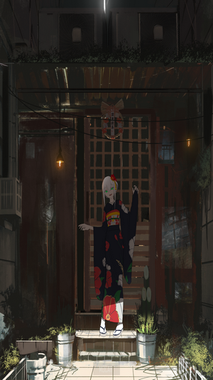 Anime girl in kimono standing on steps