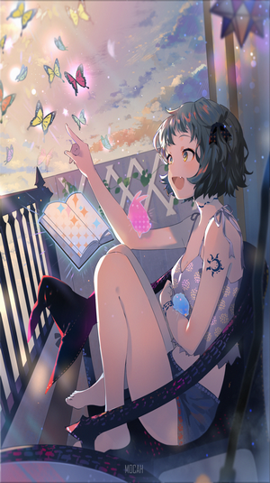 Anime girl with butterflies and magic book