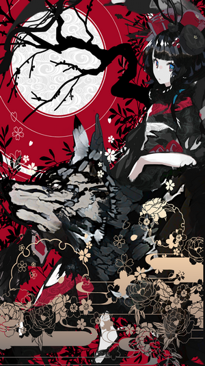 Anime girl with wolf and cherry blossoms