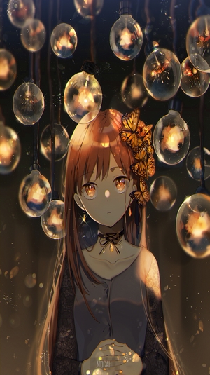 Anime girl with butterflies and lights