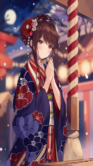 Anime Girl Praying in Floral Kimono at Shrine