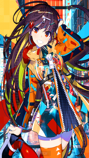 Anime girl with long hair and red eyes in colorful outfit