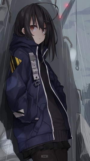 Anime Girl with Dark Long Hair in Hooded Jacket