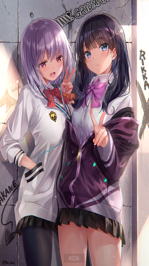 Two anime girls with purple and dark hair posing