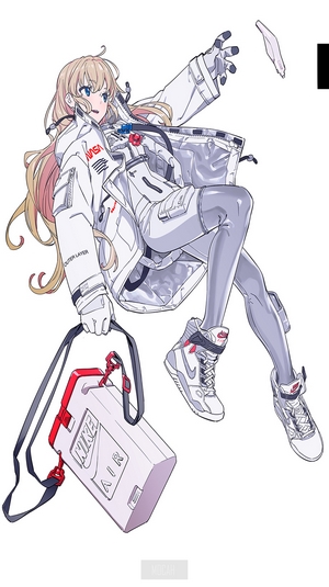 Anime girl in NASA astronaut suit with Nike bag