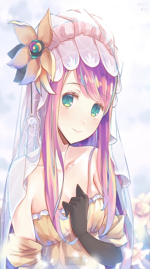Anime girl with pink hair and blue eyes wearing a dress