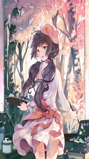 Anime girl with dark hair wearing a beret painting
