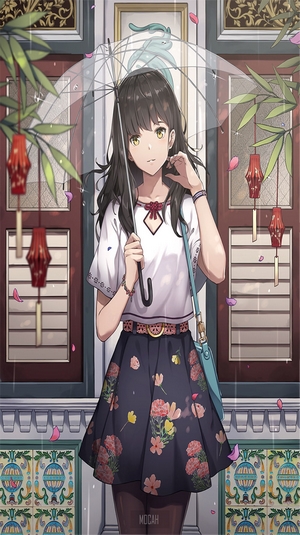 Anime girl with umbrella in front of building