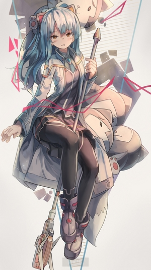 Anime girl with blue hair and cat ears holding a staff