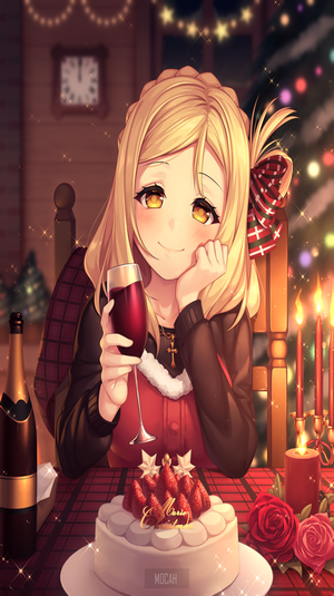 Anime girl with blonde hair and yellow eyes holding wine