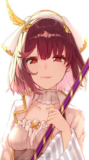 Anime girl with red eyes and red hair holding a staff