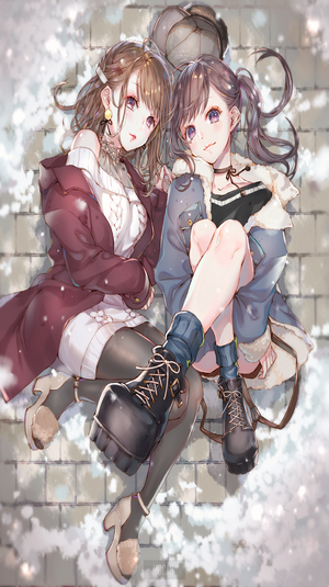 Two anime girls lying in the snow