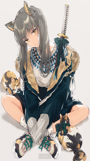 Anime Girl with Cat Ears and Swords Sitting Calmly