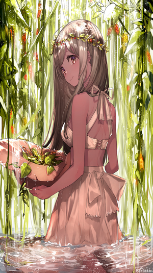 Anime girl with flower crown holding plants in water