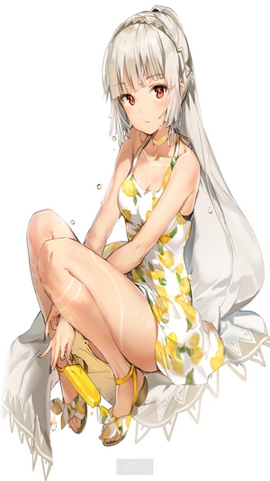 Anime girl with red eyes and long white hair wearing a lemon dress