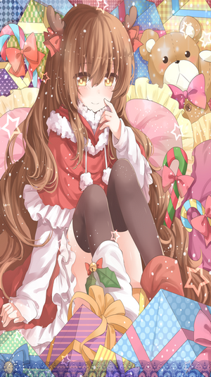 Anime girl with reindeer antlers in Christmas outfit