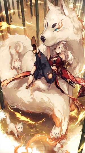 Anime girl with white wolf and puppies in bamboo forest