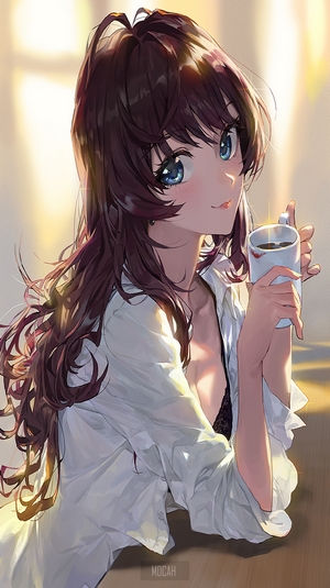 Anime girl with blue eyes and long hair holding a cup