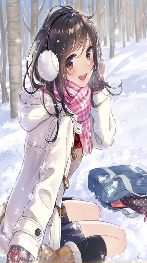 anime, anime girl, long hair, Smile, snow, bag, headphones, scarf ...