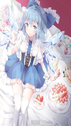 Cirno from Touhou with cakes and ice