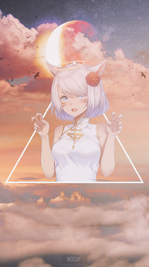 Anime cat girl in white dress against sky background