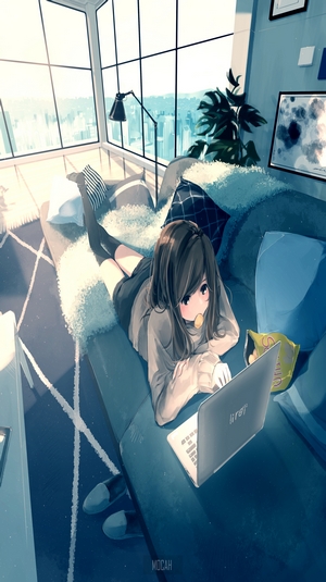 Anime girl with dark hair using a laptop on a couch