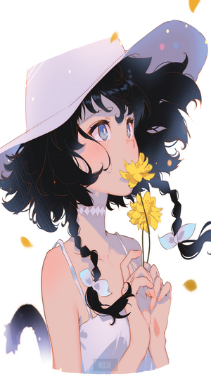 Anime girl with dark hair wearing a hat and holding yellow flowers