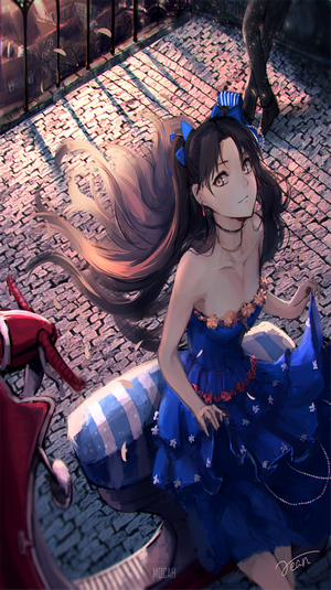 Tohsaka Rin in a blue dress on cobblestone street