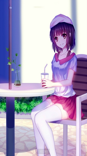 Anime girl with purple hair sitting at a table
