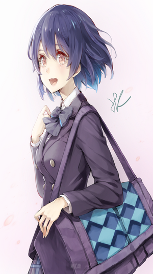 Anime girl with purple hair in school uniform