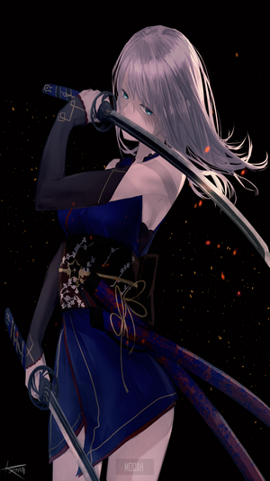 Anime girl with silver hair and green eyes holding katanas