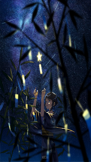 Anime girl in yukata under starry sky with tanzaku