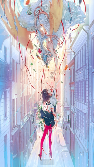 Surreal Anime Girl Floating in Dreamlike Cityscape