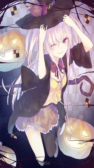 Anime girl in witch hat with pumpkins