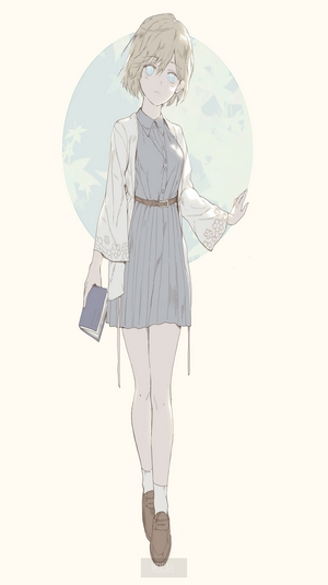Anime girl with short blonde hair holding a book