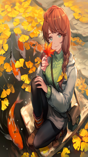 Anime girl with autumn leaves and koi fish